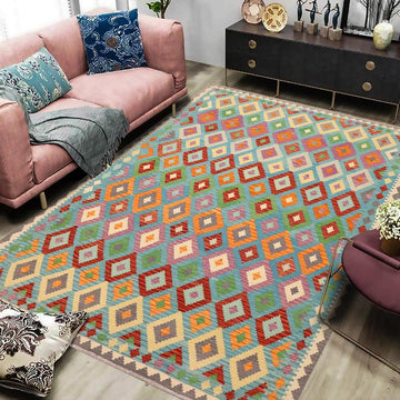Flat Weave Kilim, Antique, Navaho, Vintage, Handmade, Geometric Kilim Blue Gray Hand-Woven Rectangle 100% Wool Area Rug 8 x 10